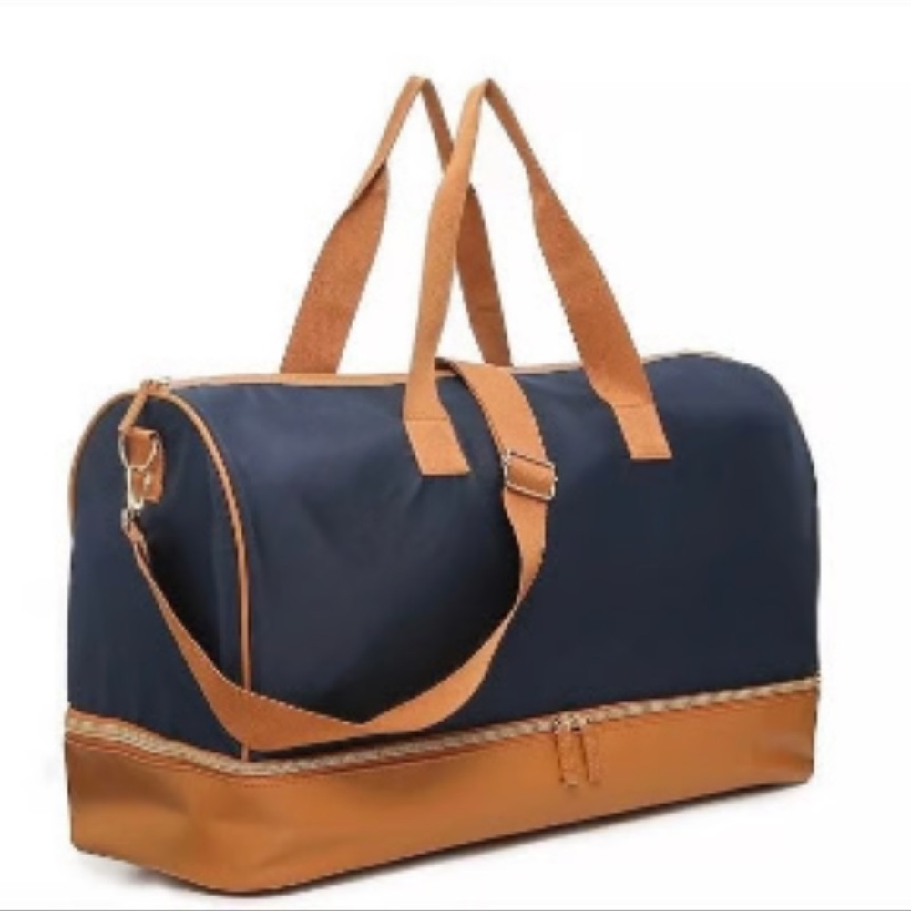 DSW Woman’s Weekender Blue and Tan Travel Bags with Shoe Compartment